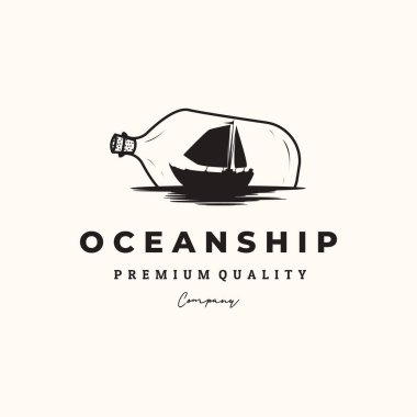 Okyanus yelkenlisi klasik logo vektörü minimalist illüstrasyon tasarımı, okyanus sembolü tasarımında bir şişe yelkenli tekne.