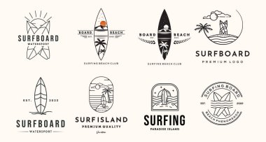 Sörf tahtası doğa logo hattı sanat vintage vektör illüstrasyon konsept şablon tasarımı, okyanus sörf su sporları koleksiyonu peyzaj görüntüsü konsept çizim logosu logosu