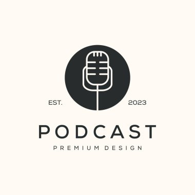 aygıt mikrofon vintage logo vektörü minimalist illüstrasyon tasarımı, podcast ses sembolü tasarımı