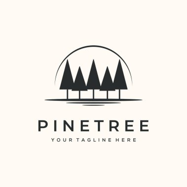 Çam ağacı manzarası botanik klasik logo logosu çizimi, çam ağacı silueti görünümü logo tasarımı