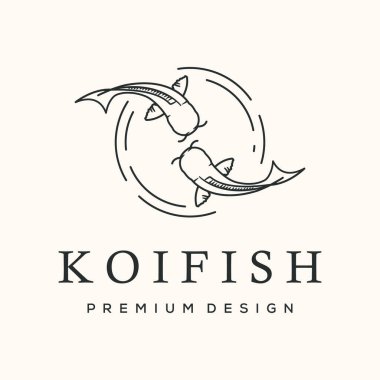 Koi balığı çift çizgili sanat logosu logo vektörü minimalist illüstrasyon tasarımı, koi yüzme balık sembolü tasarımı