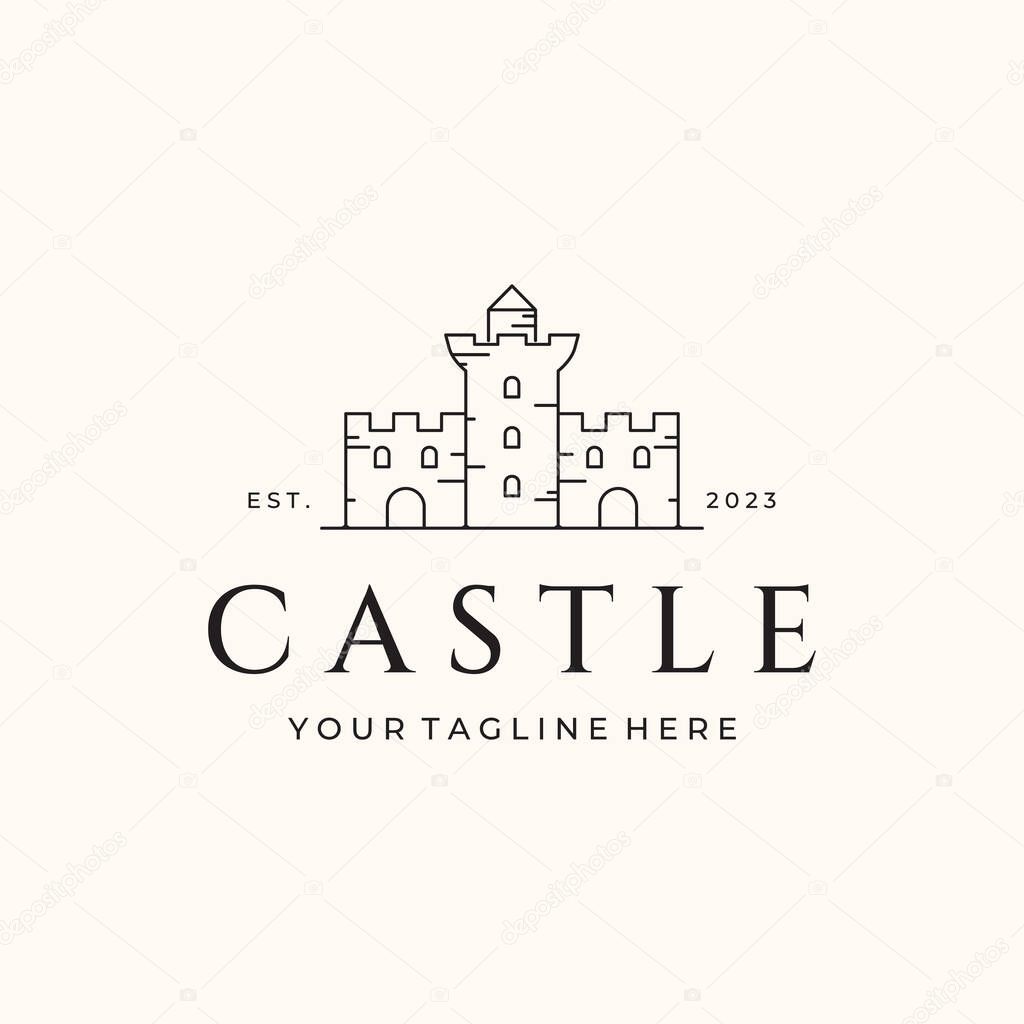 Old castle line art logo vector minimalist illustration design, magic of castle kingdom