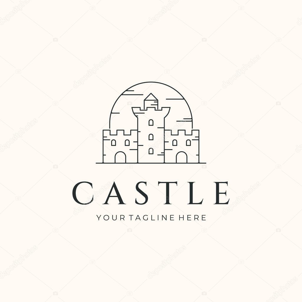 Magic castle line art logo vector minimalist illustration design, sunset old palace