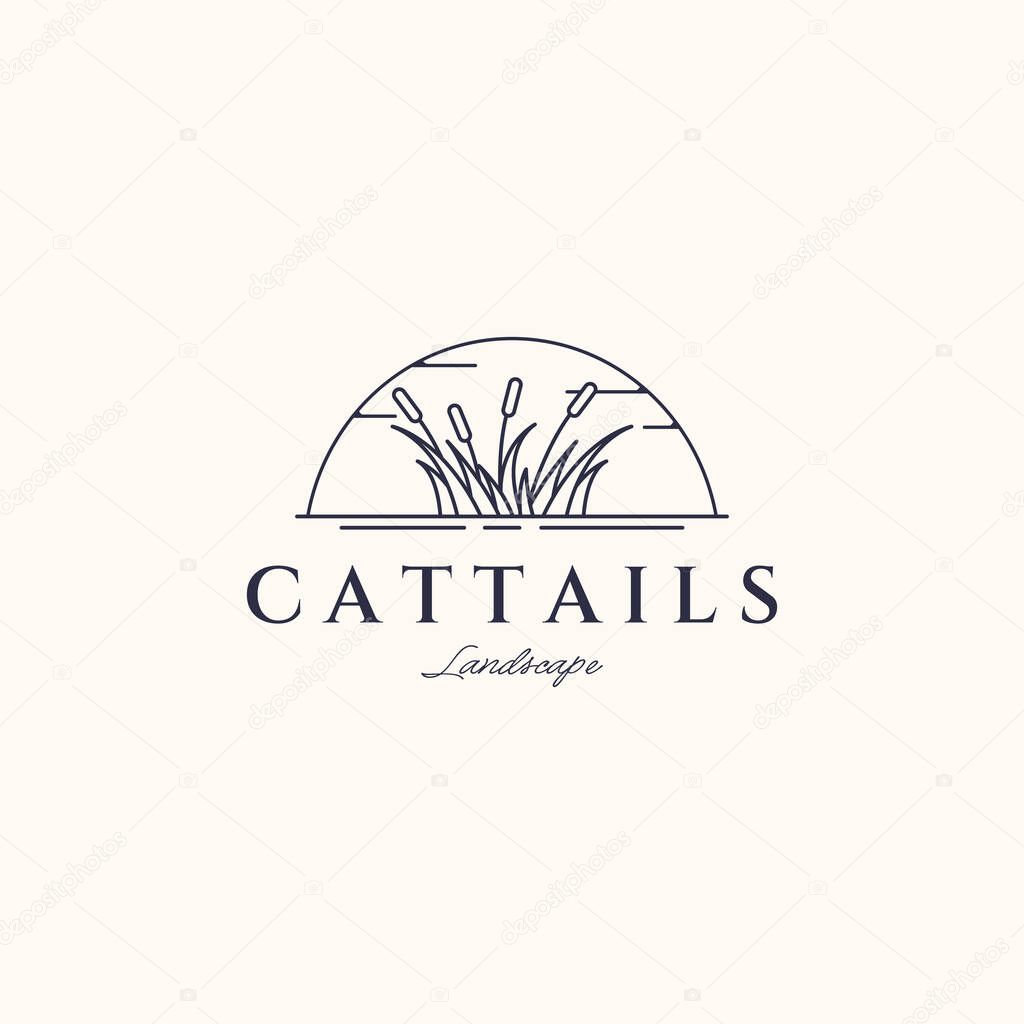 Natural cattail with sunset line art logo vector minimalist illustration design, sunny cattails plant symbol design