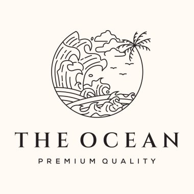 Okyanus tropikal çizgisi sanat logosu vektör minimalist çizim tasarımı, deniz doğal tatil logosu tasarımı