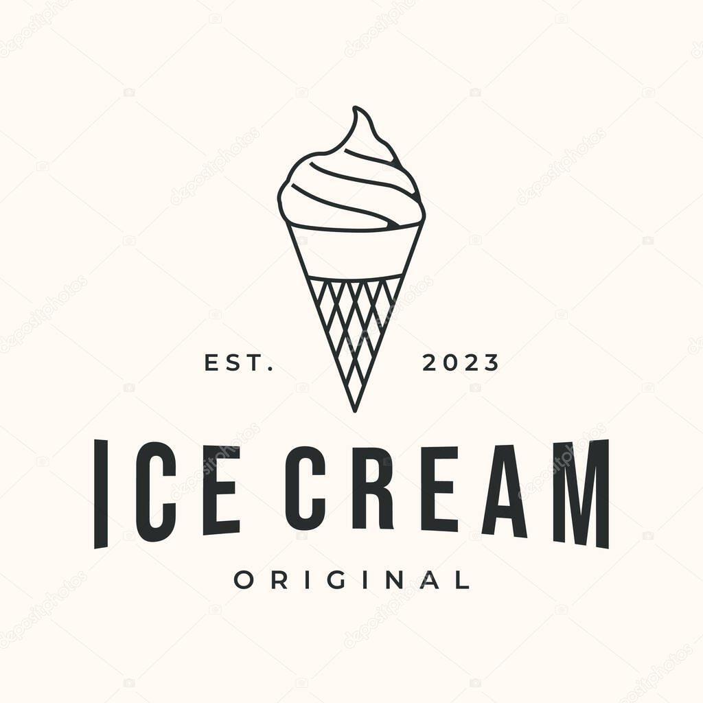 Homemade ice cream cone line art logo vector minimalist illustration design, tasty ice cream symbol design