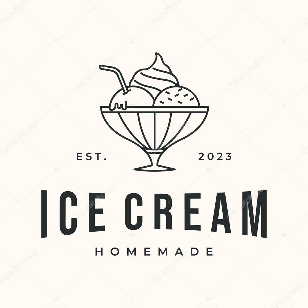 Homemade ice cream line art logo vector minimalist illustration design, parfait ice cream logo design