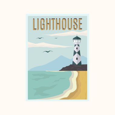 Deniz feneri klasik poster tasarımı, deniz feneri sahili poster tasarımı