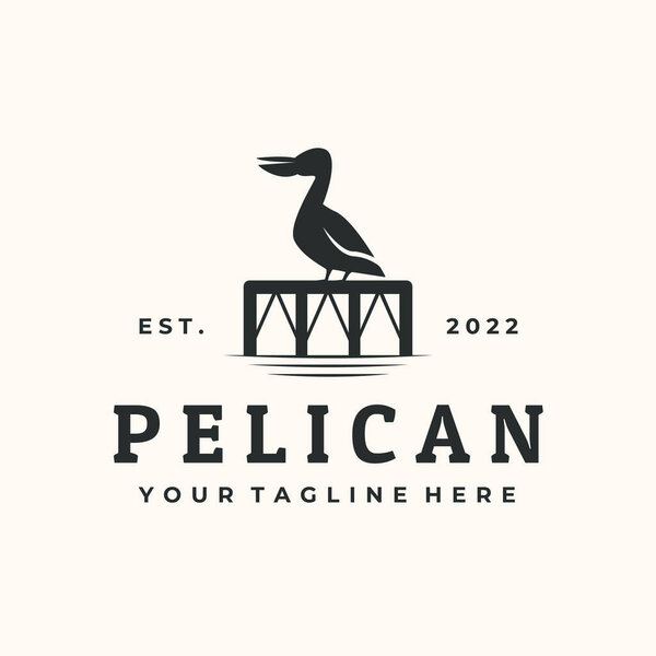 pelican water bird vintage logo vector minimalist illustration design, pelicans on the pier symbol design