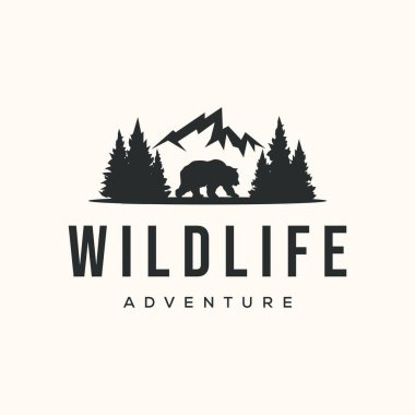 Vahşi yaşam dağ vintage logo vektörü minimalist çizim tasarımı, vahşi ayı macera sembolü tasarımı