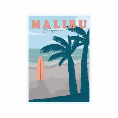 Malibu plajı macera klasik poster tasarımı, Malibu California doğa tasarımı manzarası