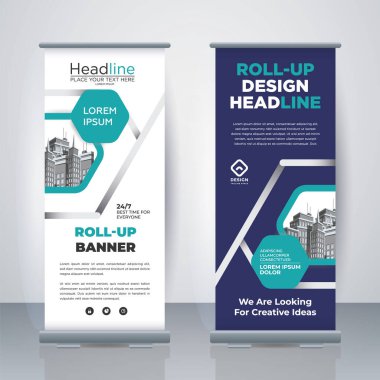 Modern Business Roll Up. Standee Design. Banner Template. Presentation and Brochure. Geometric x-banner and flag-banner advertising. Vector illustration.