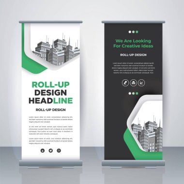 Modern Business Roll Up. Standee Design. Banner Template. Presentation and Brochure. Geometric x-banner and flag-banner advertising. Vector illustration.
