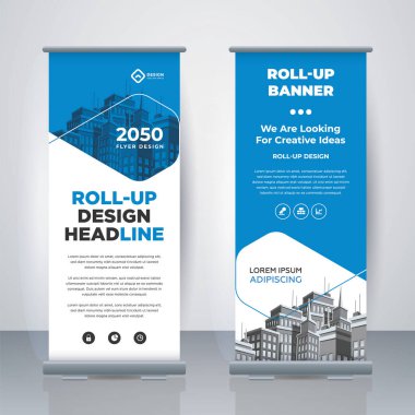 Modern Business Roll Up. Standee Design. Banner Template. Presentation and Brochure. Geometric x-banner and flag-banner advertising. Vector illustration.