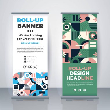 Geometric Business Roll Up. Standee Design. Banner Template. Presentation and Brochure. Geometric x-banner and flag-banner advertising. Vector illustration.