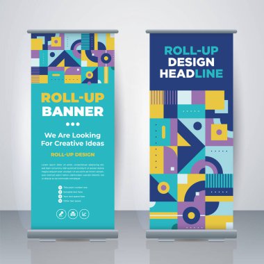 Geometric Business Roll Up. Standee Design. Banner Template. Presentation and Brochure. Geometric x-banner and flag-banner advertising. Vector illustration.