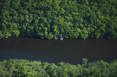 Ormandan geçen bir nehir, yukarıdan görünen bir manzara. Ortada küçük bir kaya var..
