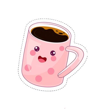 Çikolatalı bir fincan sıcak kahve. Kawaii karikatür vektör çizimi beyaz arkaplanda izole edildi. Kahveli kawaii bardağı..