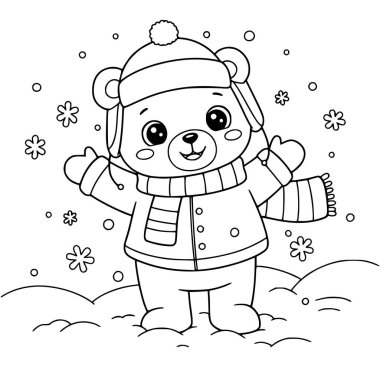 Kar mevsiminde mutlu bir oyuncak ayı. Çocuklar için boyama kitabı