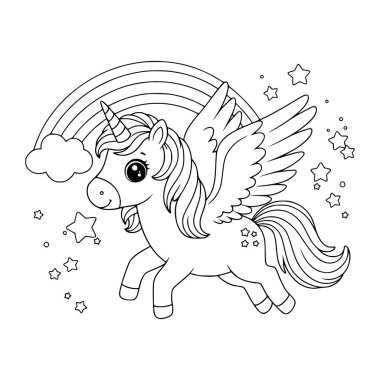 Gökyüzünde gökkuşağı ile güzel bir Unicorn vektör çizimi. Çocuklar için boyama sayfası