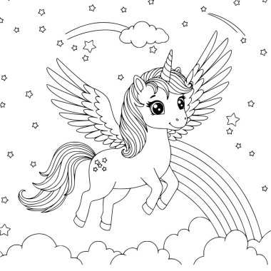 Gökyüzünde gökkuşağı ile güzel bir Unicorn vektör çizimi. Çocuklar için boyama sayfası