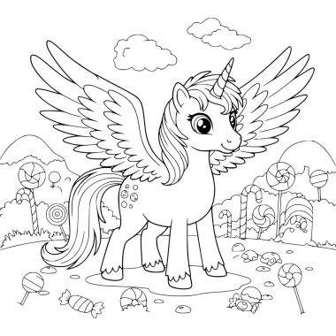 Gökyüzünde gökkuşağı ile güzel bir Unicorn vektör çizimi. Çocuklar için boyama sayfası