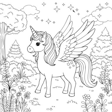 Gökyüzünde gökkuşağı ile güzel bir Unicorn vektör çizimi. Çocuklar için boyama sayfası