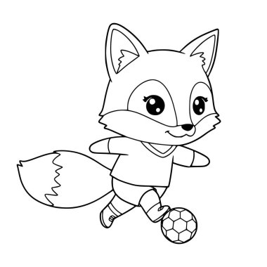 Futbol oynayan şirin tilki illüstrasyonu. Çocuklar için tilki boyama sayfası. Hayvan. Çizgi film. yazdır