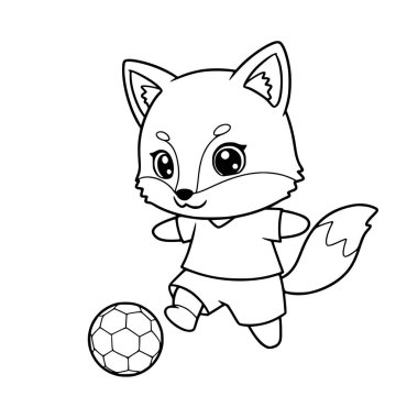 Futbol oynayan şirin tilki illüstrasyonu. Çocuklar için tilki boyama sayfası. Hayvan. Çizgi film. yazdır