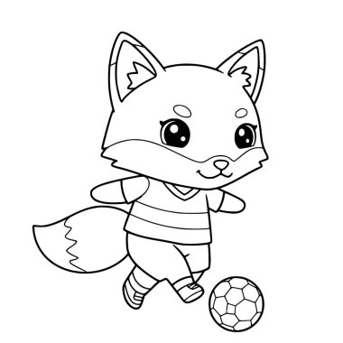 Futbol oynayan şirin tilki illüstrasyonu. Çocuklar için tilki boyama sayfası. Hayvan. Çizgi film. yazdır
