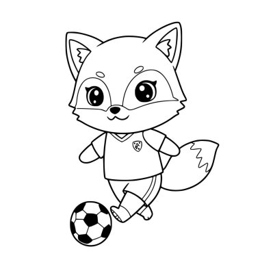 Futbol oynayan şirin tilki illüstrasyonu. Çocuklar için tilki boyama sayfası. Hayvan. Çizgi film. yazdır