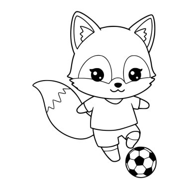 Futbol oynayan şirin tilki illüstrasyonu. Çocuklar için tilki boyama sayfası. Hayvan. Çizgi film. yazdır