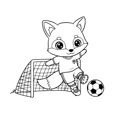 Futbol oynayan şirin tilki illüstrasyonu. Çocuklar için tilki boyama sayfası. Hayvan. Çizgi film. yazdır