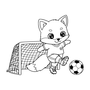 Futbol oynayan şirin tilki illüstrasyonu. Çocuklar için tilki boyama sayfası. Hayvan. Çizgi film. yazdır