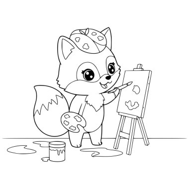 Tuvale çizim yapan tilki çizgi filmi. Çocuk etkinliği için boyama sayfaları