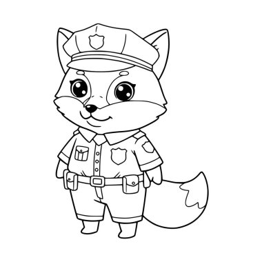 Polis üniforması giyen şirin tilki çizimi. Tilki renklendirme sayfası