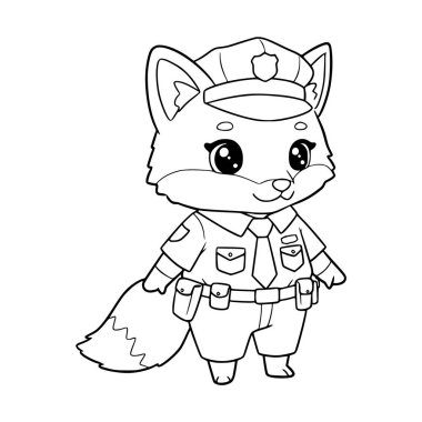 Polis üniforması giyen şirin tilki çizimi. Tilki renklendirme sayfası