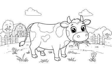 Çocuklar için inek boyama, boyama kitabı, vektör illüstrasyonu