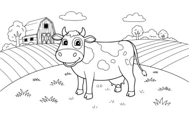 Çocuklar için süt boyama sayfası olan inek. vektör karikatür çizimi