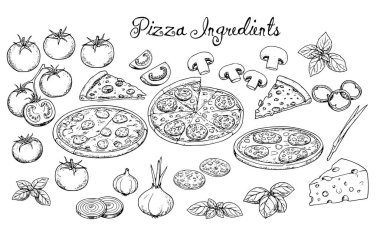 El yapımı pizza, mantar, domates, peynir, paprica, sarımsak, zeytin, siyah beyaz soğan tasarım için mükemmel.