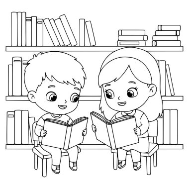 Çocuklar kütüphane kitabı okuyor. çocuklar için boyama sayfası.