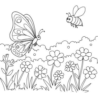 Kelebek ve arının vektör çizimi. Çocuk aktiviteleri için boyama sayfası. Siyah ve beyaz.