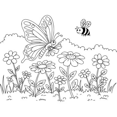 Kelebek ve arının vektör çizimi. Çocuk aktiviteleri için boyama sayfası. Siyah ve beyaz.