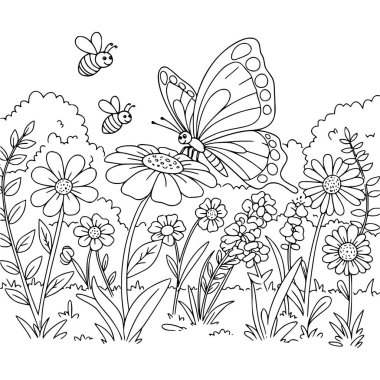 Kelebek ve arının vektör çizimi. Çocuk aktiviteleri için boyama sayfası. Siyah ve beyaz.