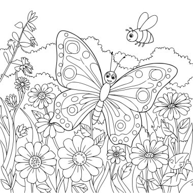 Kelebek ve arının vektör çizimi. Çocuk aktiviteleri için boyama sayfası. Siyah ve beyaz.