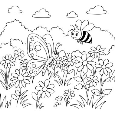 Kelebek ve arının vektör çizimi. Çocuk aktiviteleri için boyama sayfası. Siyah ve beyaz.