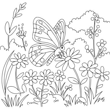 Kelebek ve arının vektör çizimi. Çocuk aktiviteleri için boyama sayfası. Siyah ve beyaz.