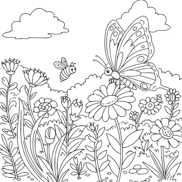 Kelebek ve arının vektör çizimi. Çocuk aktiviteleri için boyama sayfası. Siyah ve beyaz.
