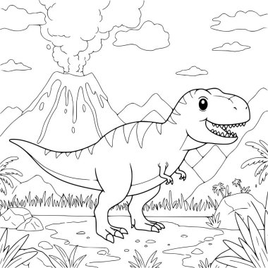 Dinozor boyama sayfaları volkan manzarası üzerine
