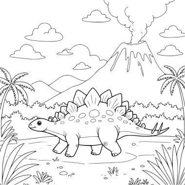 Dinozor boyama sayfaları volkan manzarası üzerine
